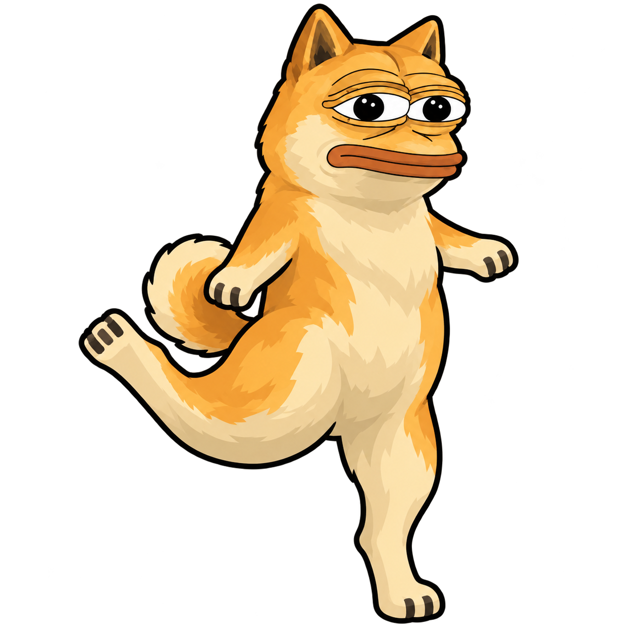 The Spirit of Dope, a golden cartoon cat, dancing on one leg