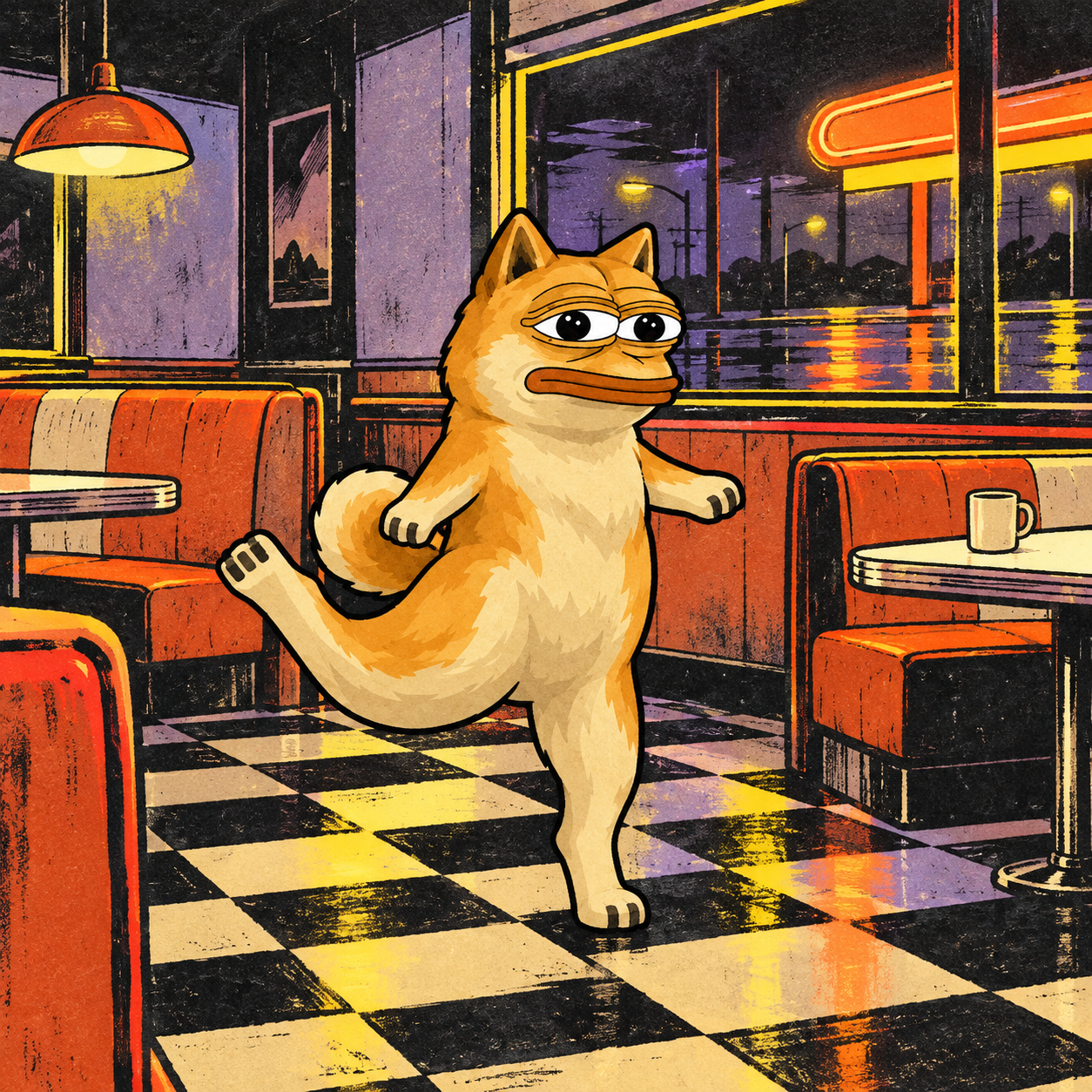 The golden cat in an empty roadside diner