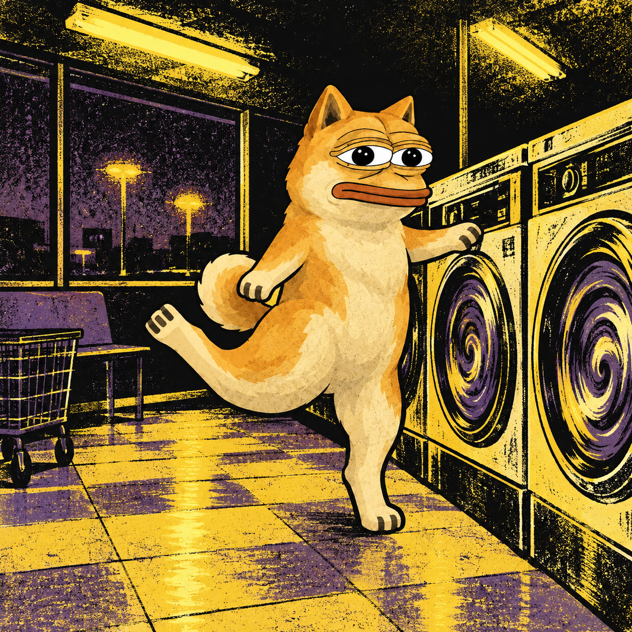 The golden cat dances in a late-night laundromat