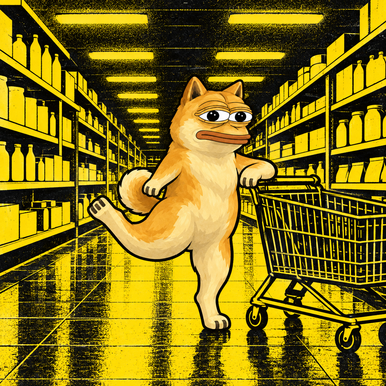 The golden cat wandering an empty supermarket aisle